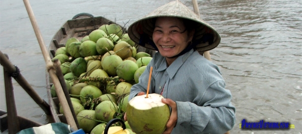 Selling coconut juice on the Mekong River